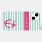 Munt en Roze Nautical Stripes Anchor Monogram Case-Mate iPhone Case (Achterkant (horizontaal))