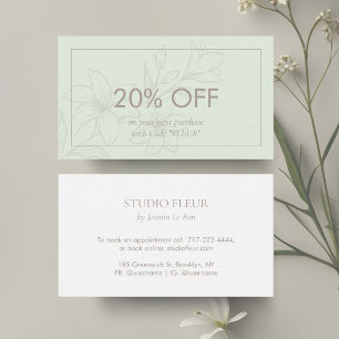 Munt en wit Chic Minimal Floral Kortingskaartje