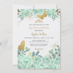 Munt Gouden Bloem Vlinder Quinceañera Quince Kaart