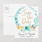 Munt & Gouden Bloemen Save the Date Briefkaarten (Voorkant / Achterkant)