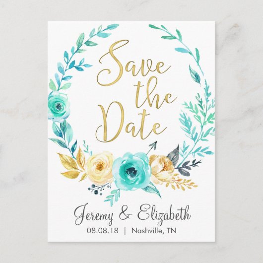 Munt & Gouden Bloemen Save the Date Briefkaarten (Voorkant)