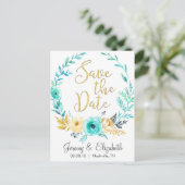 Munt & Gouden Bloemen Save the Date Briefkaarten (Staand voorkant)