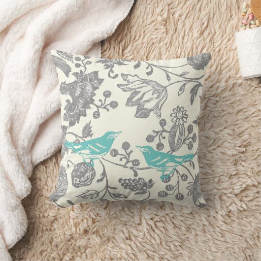 Munt & Grijs Ivory Floral Bird Pattern Kussen (Deken)