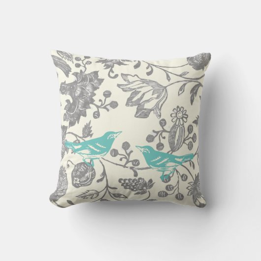 Munt & Grijs Ivory Floral Bird Pattern Kussen (Voorkant)