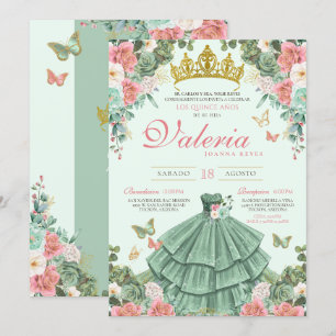 Munt Groen Roze Elegante Prinses Quinceañera Kaart