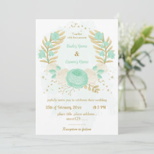 munt groene en witte bloemen gouden florale bruilo kaart