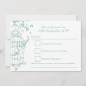 Munt groene vogels open kooibruiloft RSVP Kaart (Achterkant)