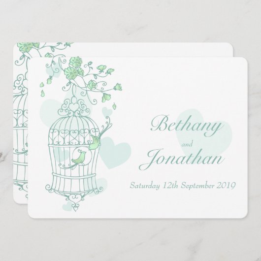 Munt groene vogels open kooibruiloft uitnodiging (Voorkant / Achterkant)