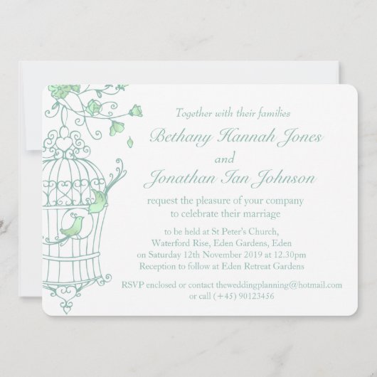 Munt groene vogels open kooibruiloft uitnodiging (Achterkant)