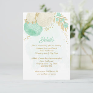 munt groene witte bloemen gouden bloem bruiloft informatiekaartje