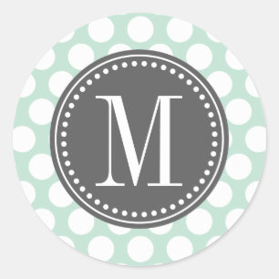Munt & houtskool   Grote polka dots monogrammed Ronde Sticker