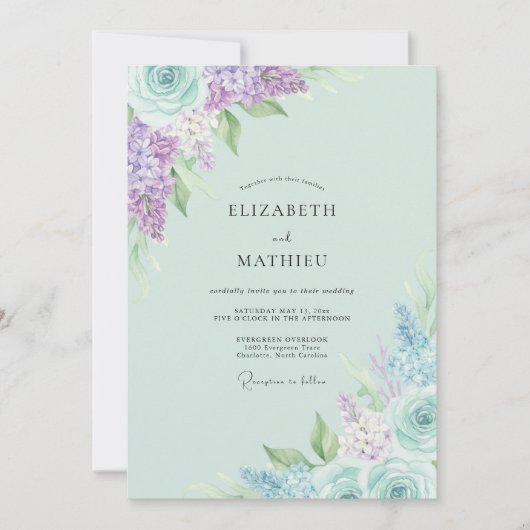 Munt Lilac Hydrangea Eucalyptus Bruiloft Kaart (Voorkant)