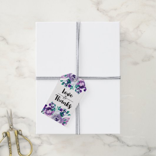 Munt & Paarse Bloemen Bruiloft Liefde & Bedankt Cadeaulabel (Met Touw)