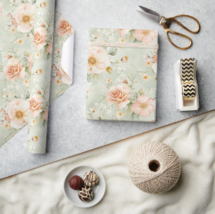 Munt Perzik Blush Rozen Bloemachtige Bruiloftsborr Cadeaupapier