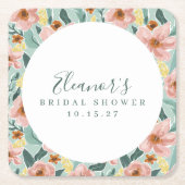 Munt Salie Roze Bloemige Script Bruiloft Feest Cus Vierkante Kartonnen Onderzetter (Voorkant)