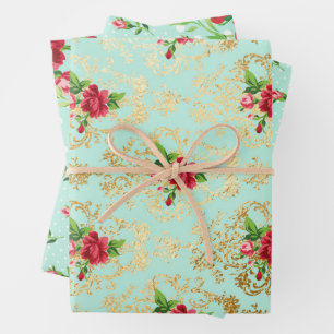 Munt Shabby Chic Retro Gouden Kant Bloem Inpakpapier Vel