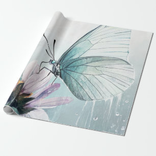 Munt Teal Vlinder Zachte Pastel Bloemen Cadeaupapier