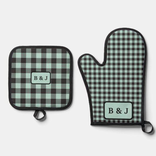 Munt & Zwart Buffel Plaid Monogram Initialen | Ovenwant & Pannenlap Set (Voorkant)
