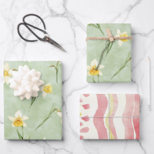 Muntgroen Geel Wit Narcissen Bloemen Verjaardag Inpakpapier Vel
