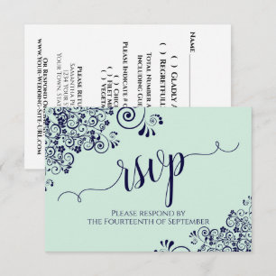 Muntgroen & marineblauwe kant Elegante kalligrafie RSVP Kaartje