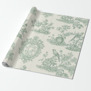 Muntgroen Toile Bloem- en Vogelpatroon Cadeaupapier