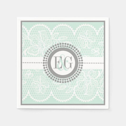Muntgroen, wit kanten patroon bruiloft servetten (Voorkant)