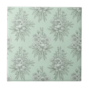 Muntgroene botanische toile met bloemboeketten tegeltje