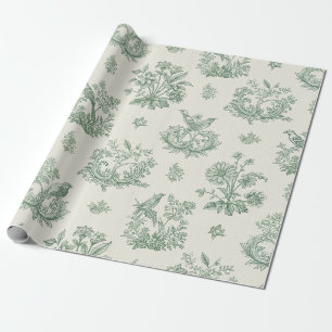 Muntgroene Franse landelijke vogels en bloem toile Cadeaupapier