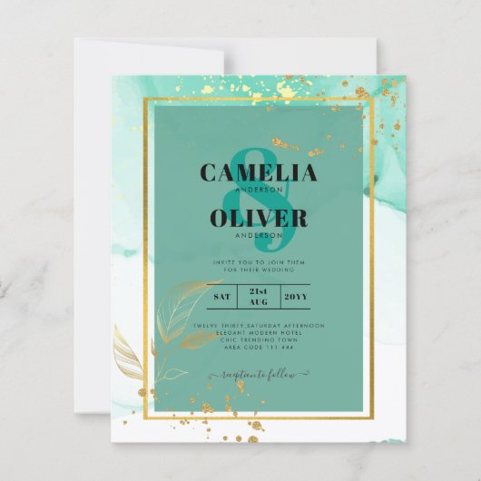 Muntgroene Gouden Alcoholinkt Abstracte Trouw (Voorkant)