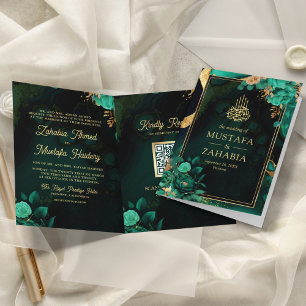 Muntgroene Gouden Bloem QR Code Moslim Huwelijk