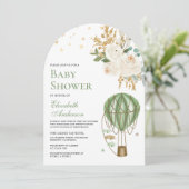 Muntgroene hete luchtballonboog babyfeestje kaart (Staand voorkant)