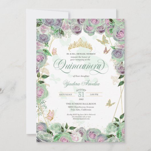 Muntgroene rozen Elegante vlinder Quinceanera Kaart (Voorkant)