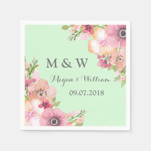 Muntgroene Rustieke Roze Bloemen Trouw Monogram Servetten (Voorkant)