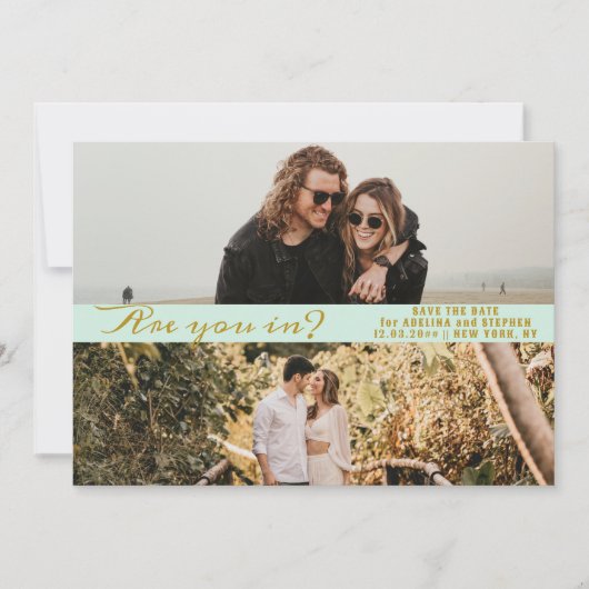 Muntgroene simpele script twee fotogalerij QR CODE Save The Date (Voorkant)