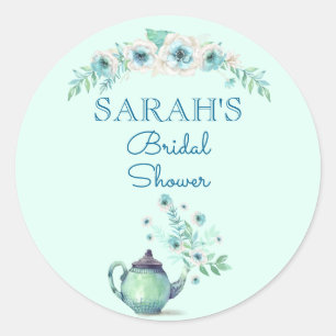 Muntgroene theepot met waterverf bloemen ronde sticker