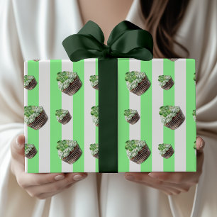 Muntgroene Vintage Gestreepte Klaver Cupcake Cadeaupapier