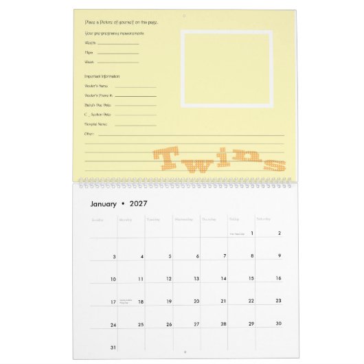Mural Calendrier de grossesse de jumeaux (Jan 2027)