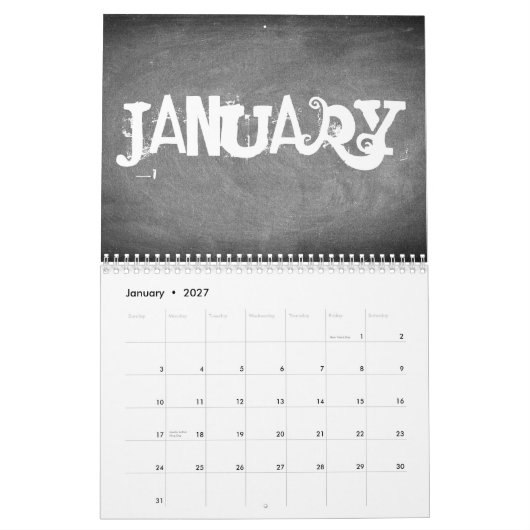 Mural Calendrier du tableau de bord 2018 Texte noir et b (Jan 2027)