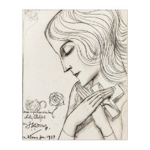Dessin de jeune fille jolie Art Nouveau vintage