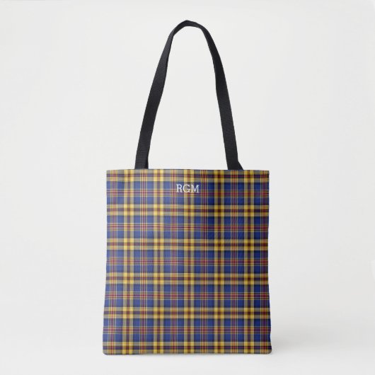 Murtaugh Clan Tartan Blauw en Goud Plaid Monogram Draagtas (Voorkant)