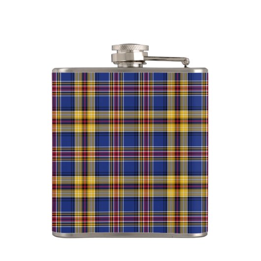 Murtaugh Tartan Monogram Blauw en Geel Plaid Heupfles (Achterkant)