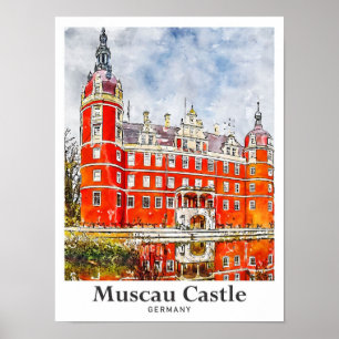 Muscau Castle Duitsland Reizen Waterverf Hand gete Poster