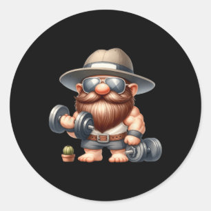 Muscleman Gnome met Dumbbells Funny Fitness Work Ronde Sticker
