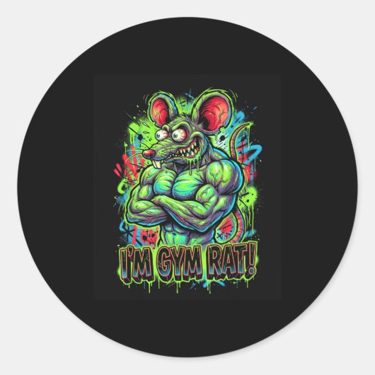 Muscular Gym Rat Bodybuilder Graffiti Workout Fitn Ronde Sticker (Voorkant)