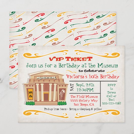 Museum Birthday Party Invitation Ticket Kaart (Voorkant / Achterkant)