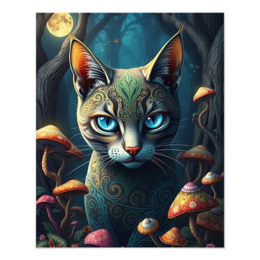 Mushroom Forest Magical Fantasy Cat Foto Afdruk (Voorkant)