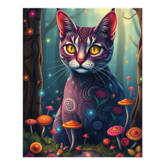Mushroom Forest Magical Fantasy Cat Foto Afdruk (Voorkant)