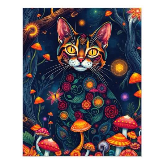 Mushroom Forest Magical Fantasy Cat Foto Afdruk (Voorkant)