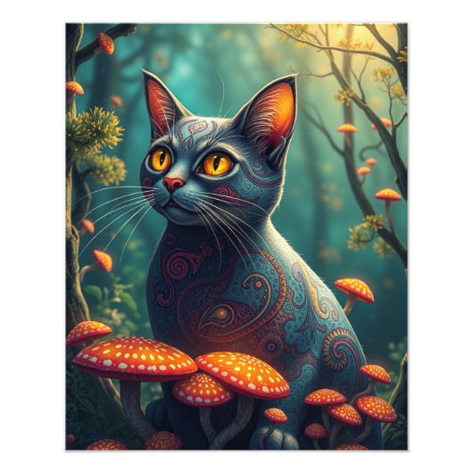 Mushroom Forest Magical Fantasy Cat Foto Afdruk (Voorkant)