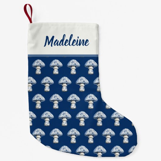 Mushroom Pattern in Cute Navy and Blue Chinoiserie Kleine Kerstsok (Voorkant)
